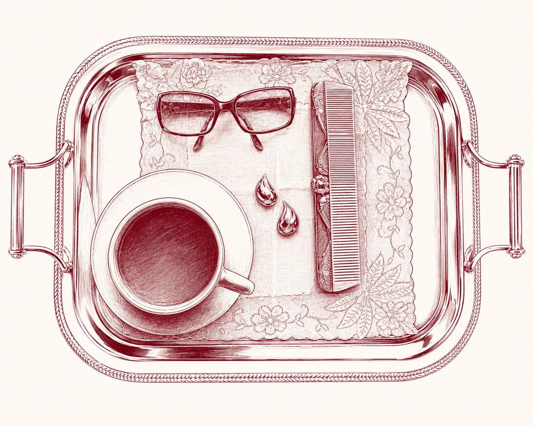 Engraving of a salon tray with comb, cup and glasses